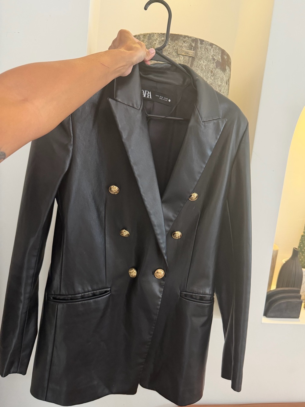 Zara Black Faux Leather Double-Breasted Blazer Jacket w/ Gold Buttons - Picture 5 of 5